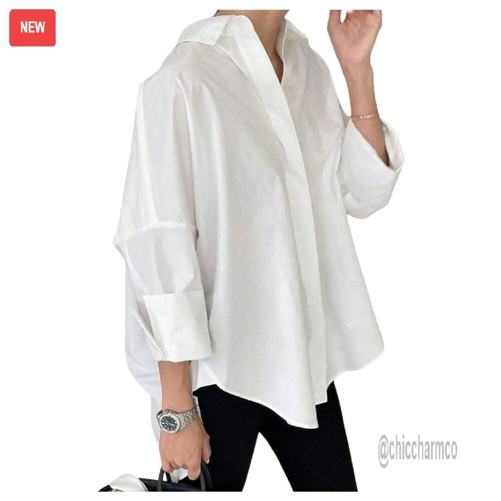 Oversized Bell Sleeve Button Down Blouse, Premium Woven Fabric